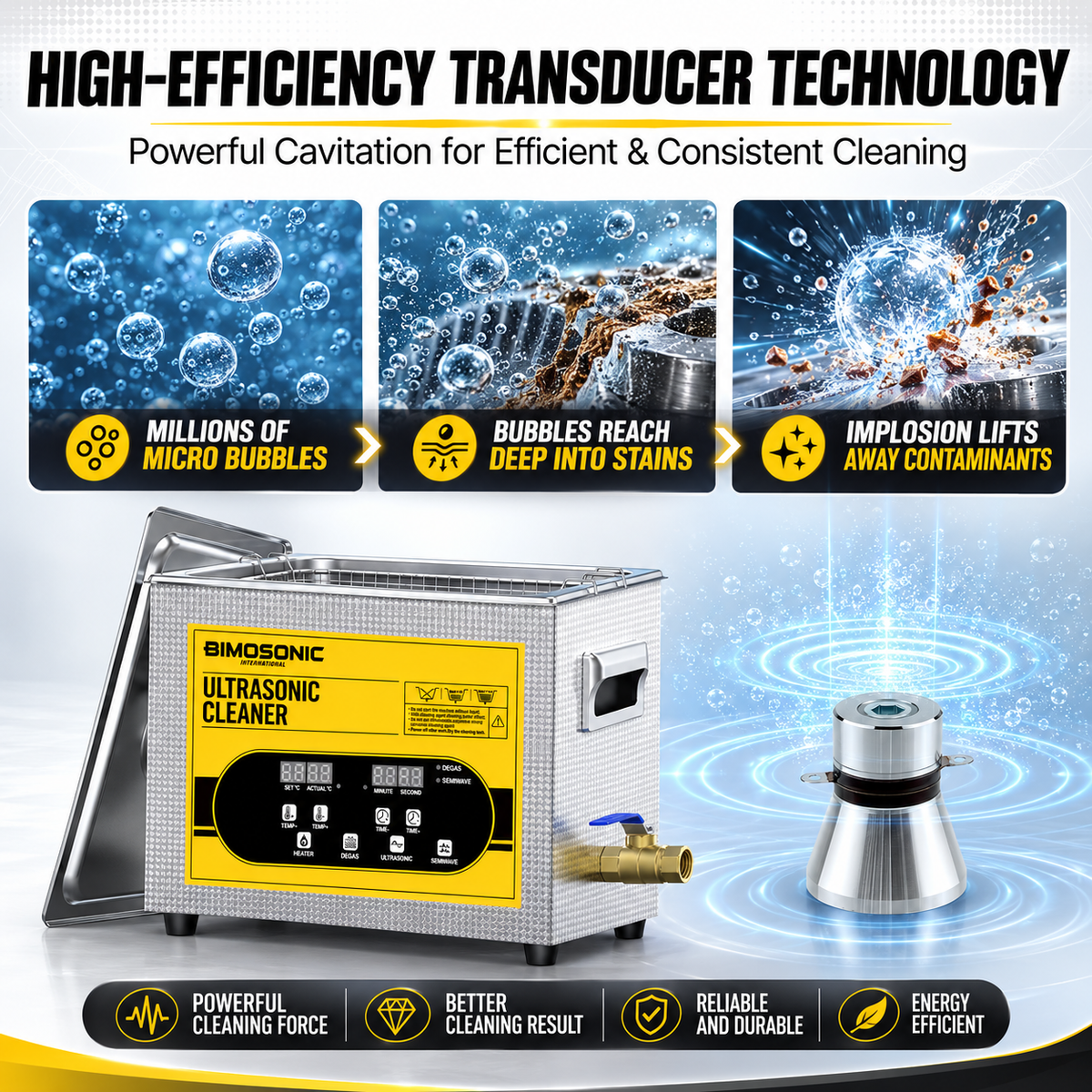 BIMOSONIC Variable Wave Ultrasonic Cleaner (10L/15L) | Precision Parts Washer with Degas – product details image 3