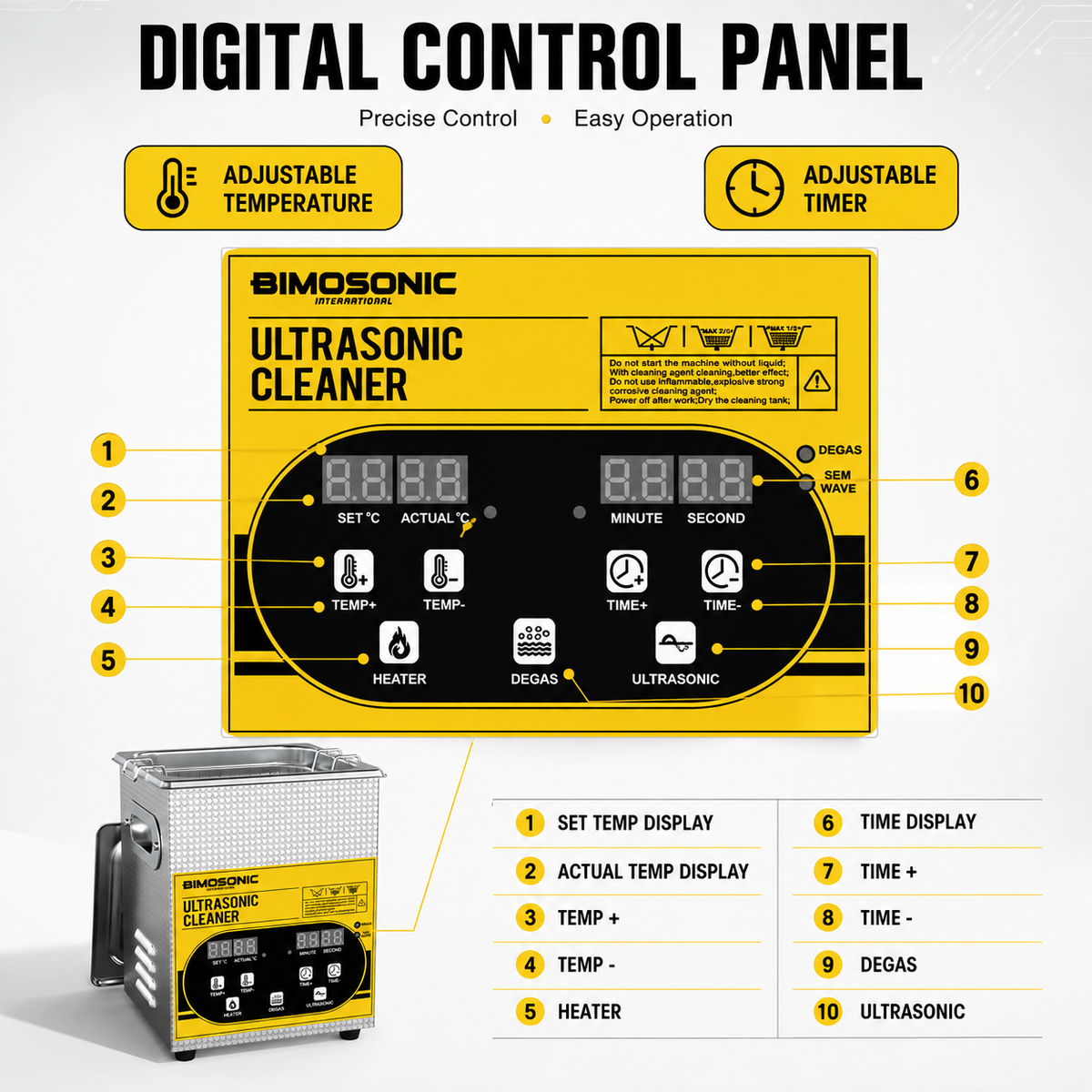 BIMOSONIC 2L Digital Ultrasonic Cleaner | 40kHz Parts & Jewelry Washer with Heater & Degas – product details image 6